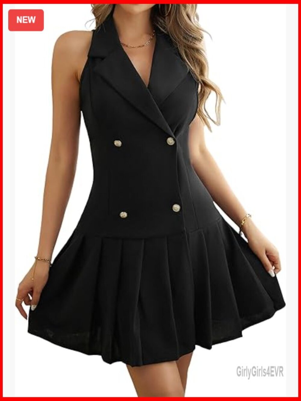 Women's Notch Lapel V Neck Mini Dress Double Breasted Sleeveless High Waist